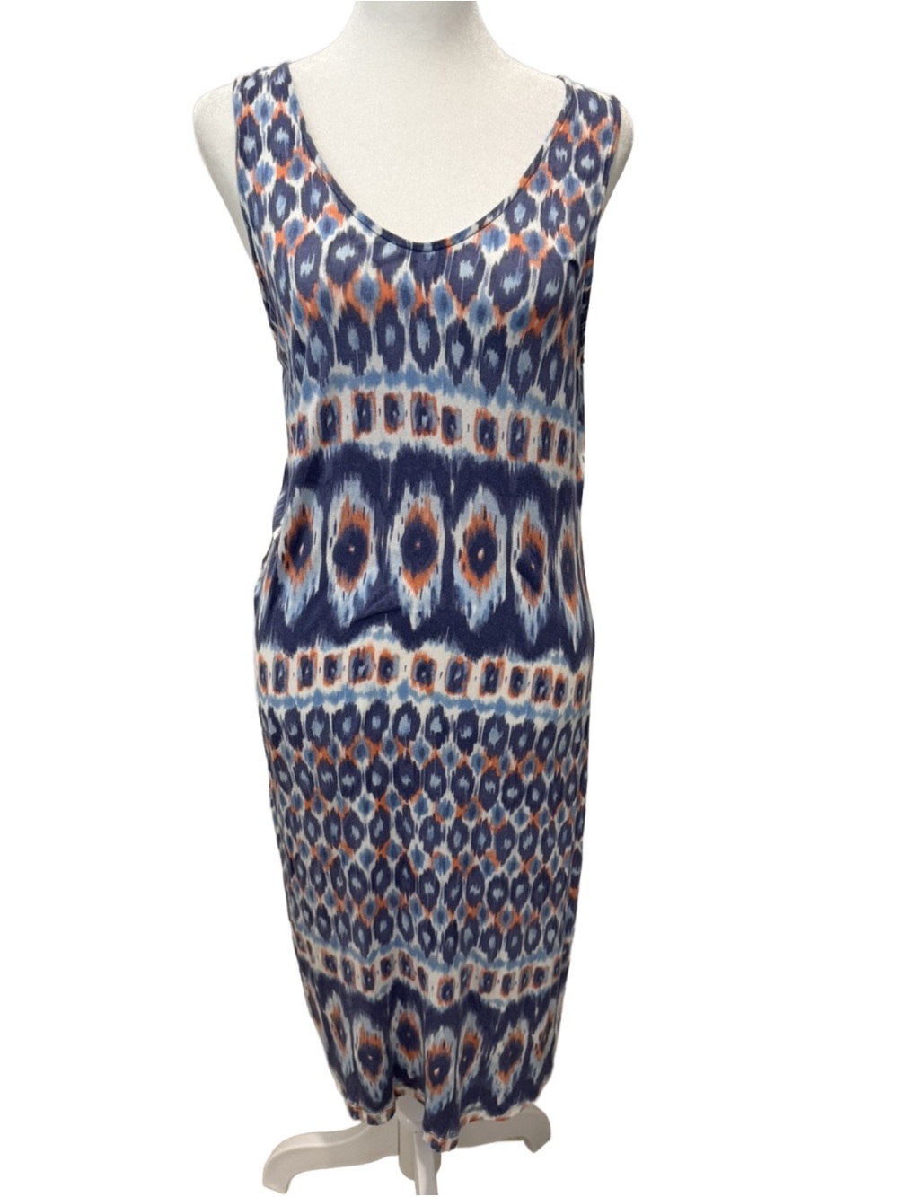 Tommy Bahama Blue and Orange Patterned Sleeveless Bodycon  Dress, medium